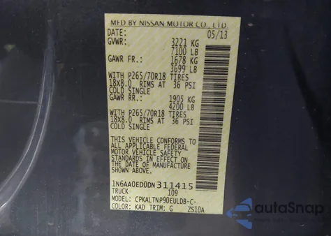 2013 Nissan Titan Sv из США, поврежденный, VIN 1N6AA0ED0DN311415